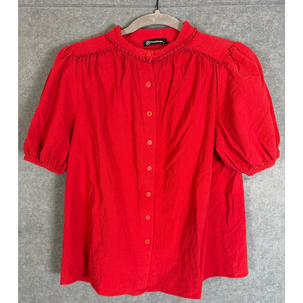 PrettyGarden Blouse Small Red Short Puff Sleeve Pom Pom Trim Cotton Cottagecore